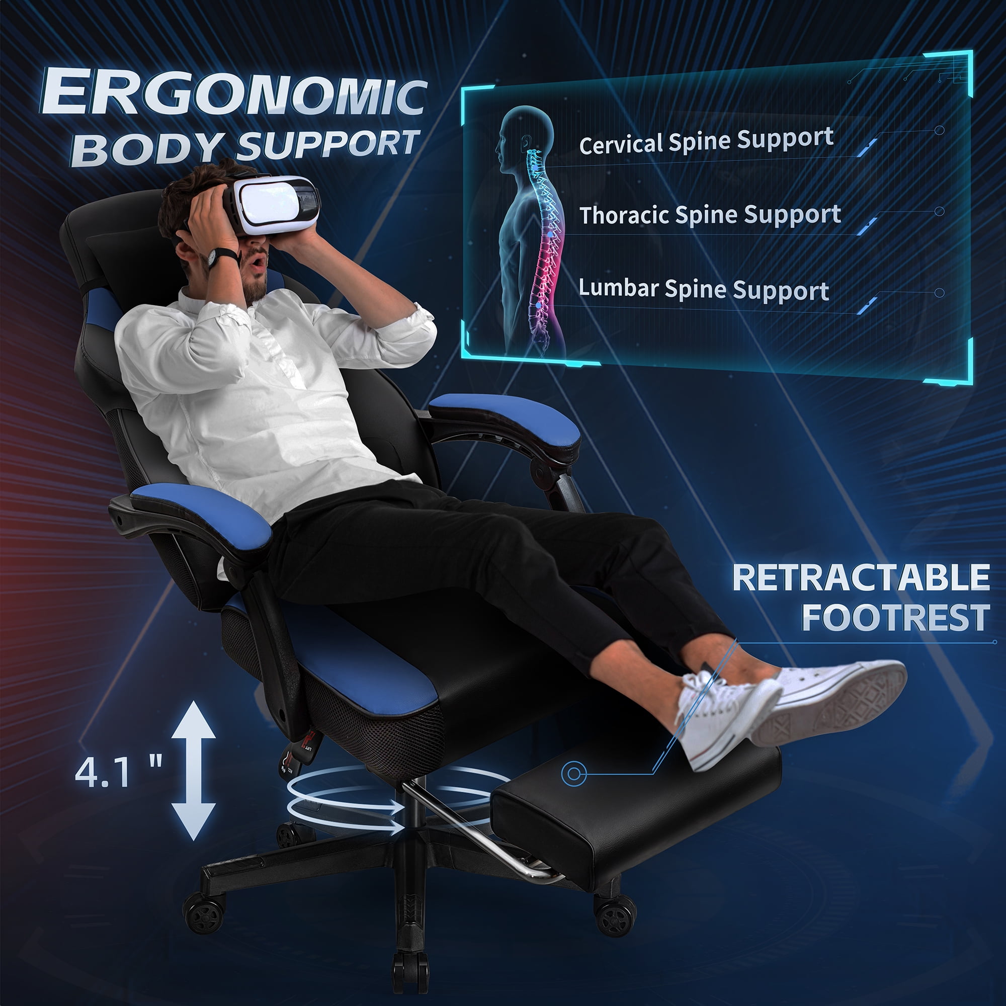 Walsunny Ergonomic Gaming Chair with Adjustable Footrest and Massage Leather Game Chair large gaming chair with Headrest and Lumbar Support for Adults, Blue