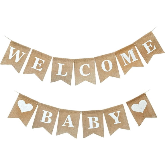Welcome Baby Burlap Banner, Rustic Bunting Pennant Flag Garland for Baby Shower Party Decorations, Gender Neutral Welcome Newborn Photo Props, Vintage Jute Banner for Nursery Wall Decor