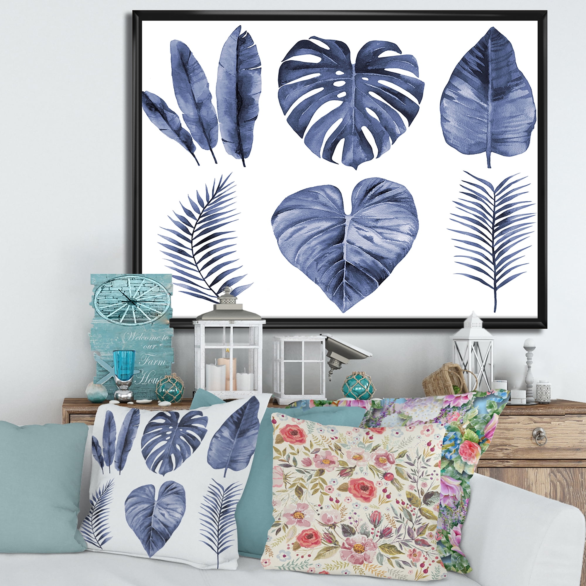 Designart 'Blue Watercolour Tropical Leaves I' Farmhouse Framed Canvas Wall Art Print