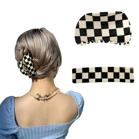 Hair Claw Clips Banana Hair Clips for Women Girls Vintage Design Classic  Black White Lattice Print Hair Barrettes Geometric Checkered Clamp for  Thick