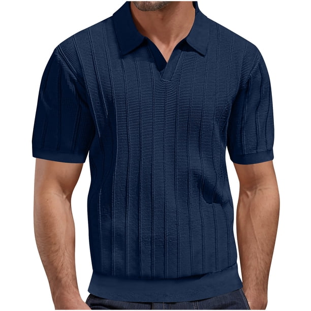 Blusas y camisas de manga corta con cuello en V para hombre, camiseta de punto a rayas con agujeros y malla, camiseta de manga corta con cuello en V, camisa de color liso para hombre.