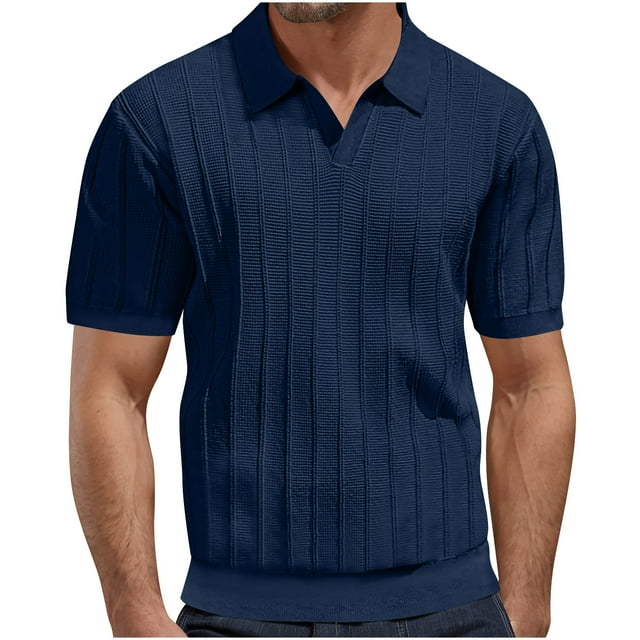 Blusas y camisas de manga corta con cuello en V para hombre, camiseta de punto a rayas con agujeros y malla, camiseta de manga corta con cuello en V, camisa de color liso para hombre.