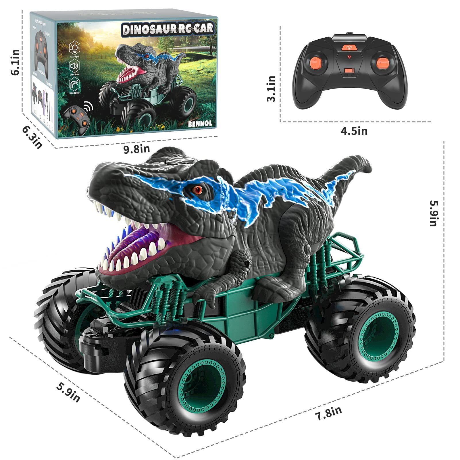Flooyes Remote Control Dinosaur Car for Boys Kids Ages 3 4 5 6 7 8+ Years, 2.4ghz RC Dinosaur Truck for Toddlers, Electronic Rc Car with Light Sound & Spray All Terrain Car for 3 4 5 6-8 Kids