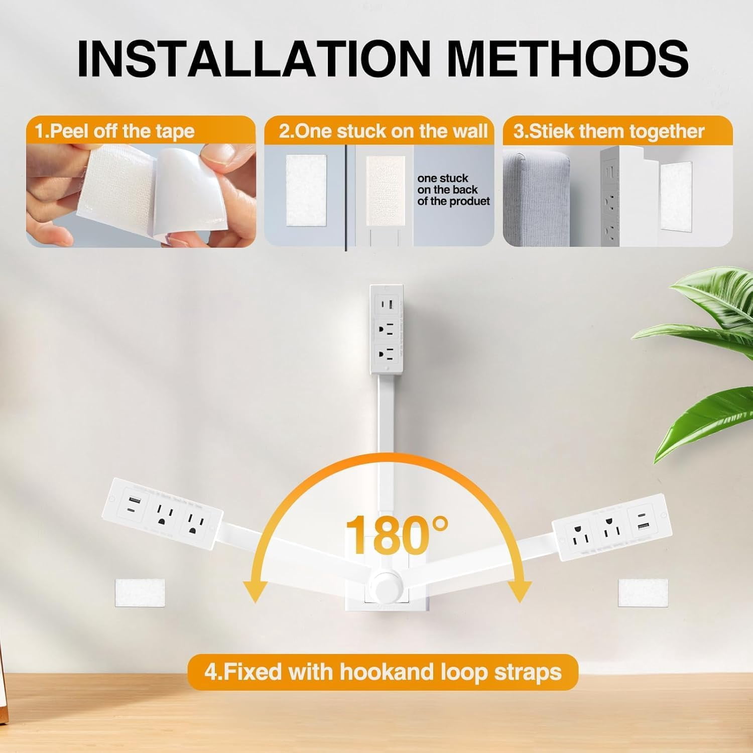 Electrical Outlet Extender Stick, Extendable Design for Hard-to-Reach Spots, 180° Rotatable with 2 AC Outlets, USB-A & USB-C Ports,Square, White