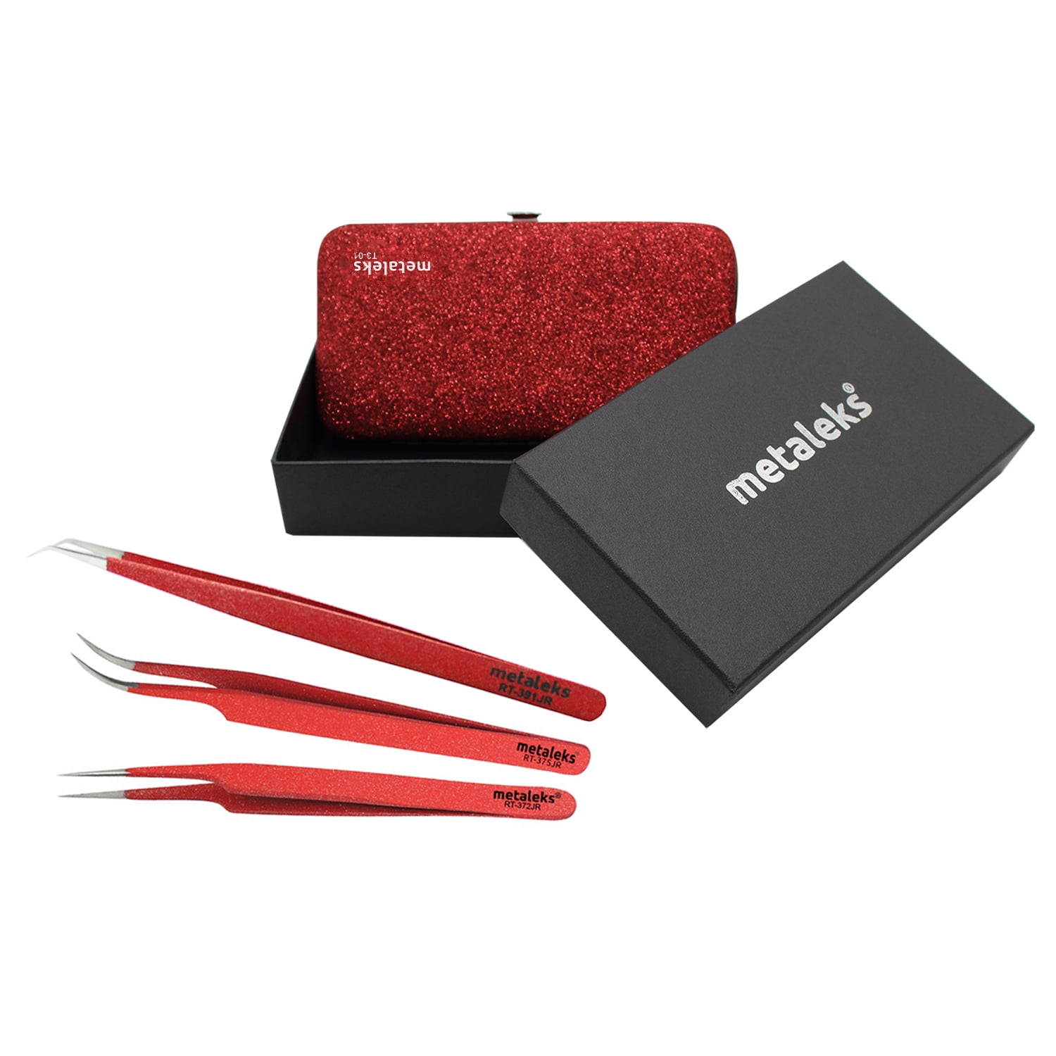3Pcs Kit of Eyelash Extension Tweezers In Glitter Red Magnetic Kit - Made In Surgical Stainless Steel