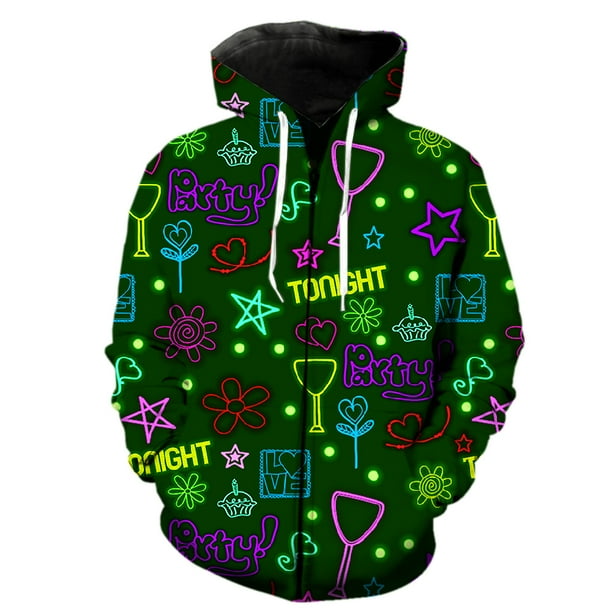 Sudadera con capucha y cremallera para hombre, de manga larga, con barra luminosa, estilo primaveral, estilo urbano divertido y de gran tamaño, estilo Harajuku con estampado 3D, informal y genial para