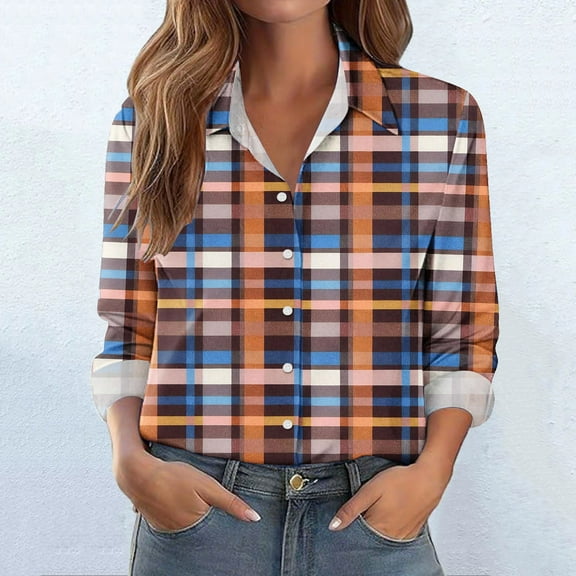 Uootdi Plaid Long Sleeve Shirts for Women Collared Button Down Dressy Rolled Up Blouse Business Casual Work Tops Gift