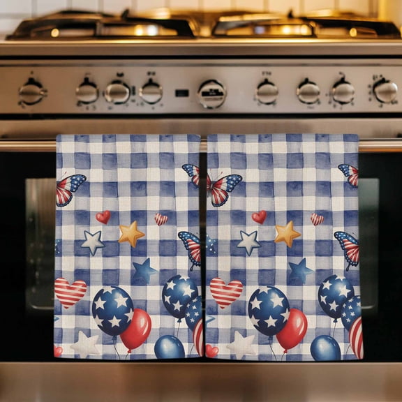 Independence Day Kitchen Towels Set of 1, Flag Balloons Butterflies Blue Plaid Absorbent Dish Towels for Kitchen, Microfiber Hand Towel, Quick Drying Tea Towel for Cleaning Decorative Dishcloths