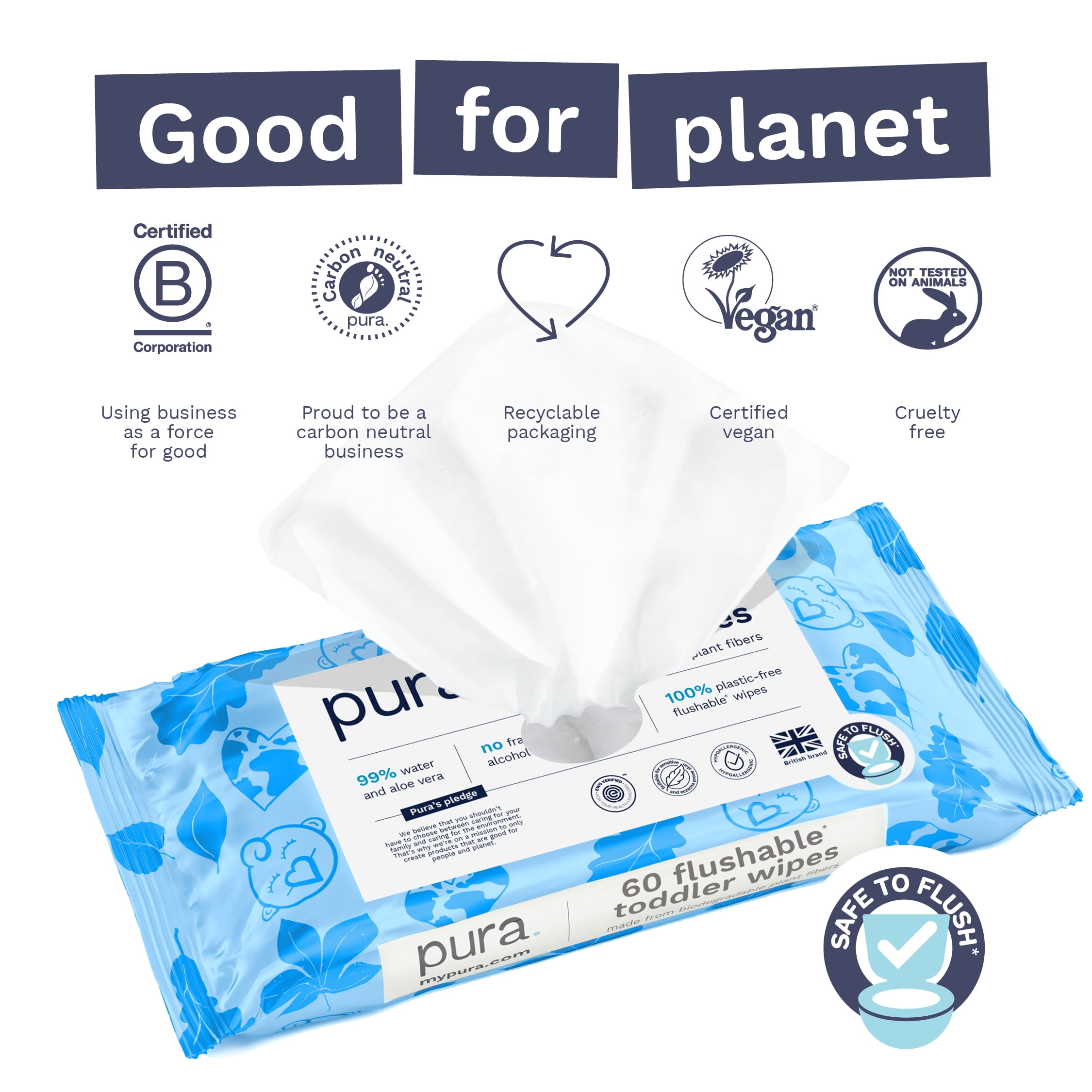Pura Flushable Toddler Wipes Fragrance Free EWG Verified Plastic Free , 600ct (Choose Your Count)