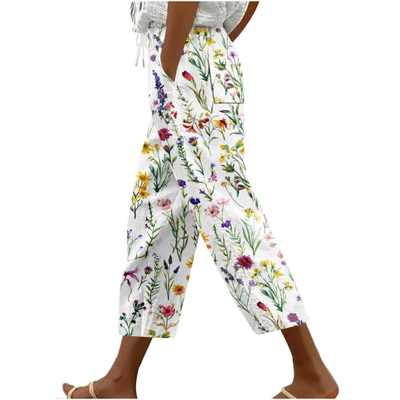 Edvintorg Women Capri Pants Floral Printed Elastic Waisted Lightweight Casual Loose Cropped Trousers with Pockets Plus Size Women Fashion Multicolor M