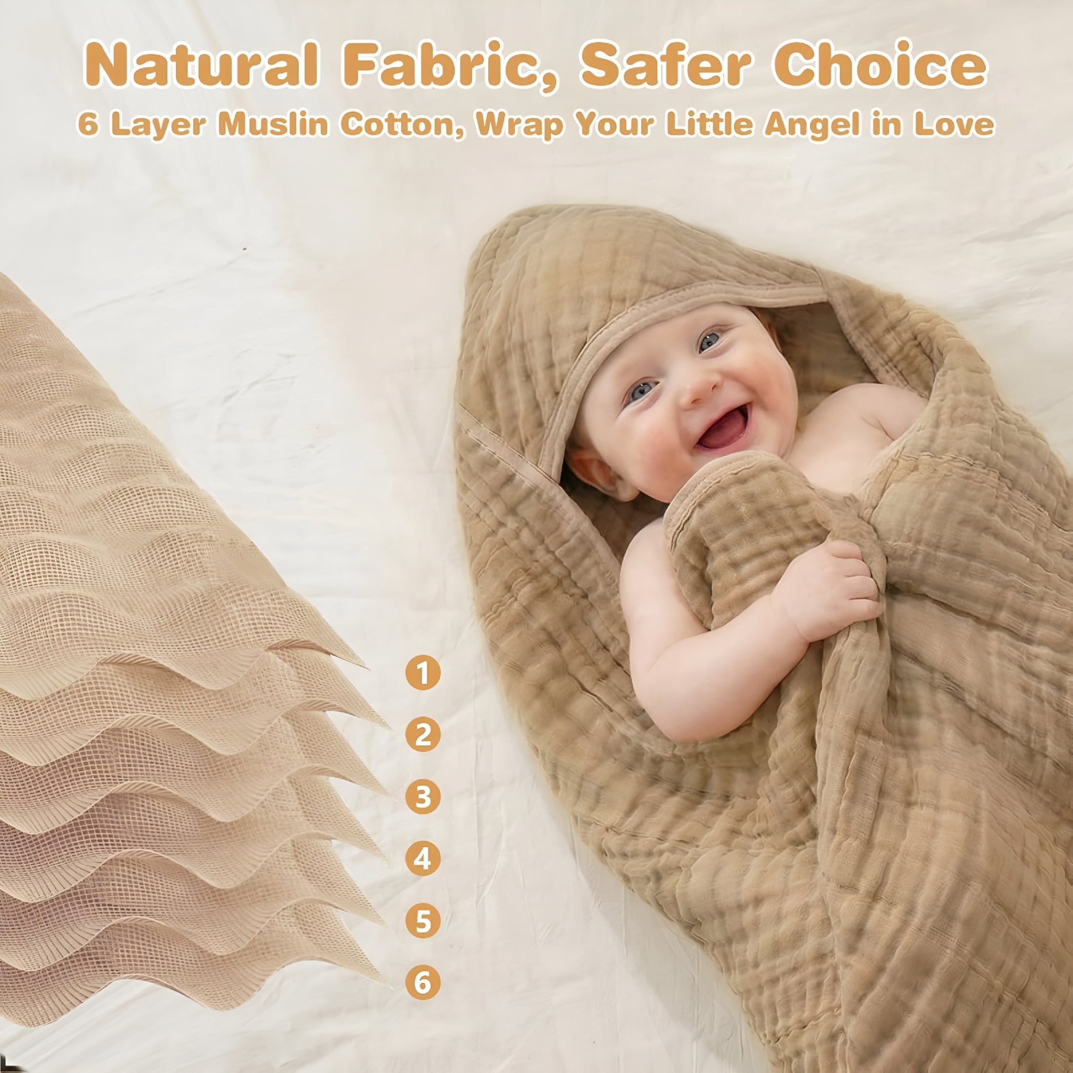 ARLAJO Hooded Baby Bath Towels for Newborn,2 Pack - 6-Layer 100% Muslin Cotton,Soft Absorbent Baby Towels with Hood for Babies,Infants & Toddlers,Large 32X32 Inch Unisex Newborn Baby Bath Essentials