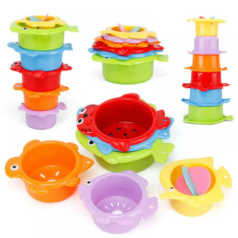 Small Fish Stacking Bath Cups for Toddlers, Rainbow Infant Nesting Cups for 1-3 Years Old, Baby Stack Cups with Sea Animal Shapes and Drain Holes for