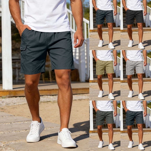 Viadha Mens Cargo Shorts Casual Stretch Shorts Solid Color Elastic Waist Button Closure Shorts for Summer Work Outdoor with Pockets