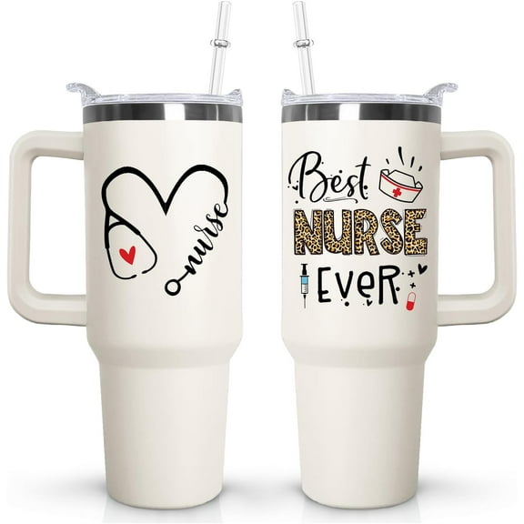 40oz Vacuum Insulated Nurse Tumbler with Handle, Lid & Straw - Travel Coffee Mug, Best Nurse Ever Gift for Women Nurses
