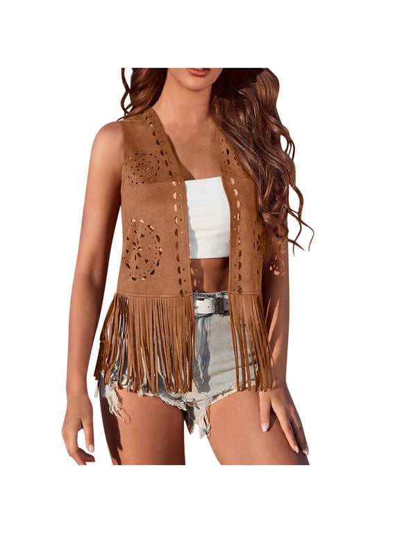 Womens Duster Cardigan Summer Casual Vintage Western Open Front Fringe Cardigans Hippie Faux Suede Tassel Cowgirl Outerwear Vest Brown,XXL