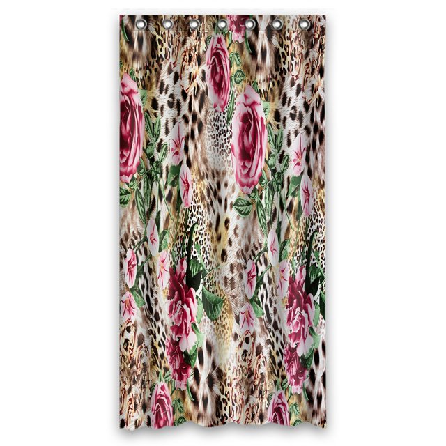 ABPHQTO Cortina de ducha de poliéster impermeable con flores de leopardo a rayas y ganchos 90x180 cm
