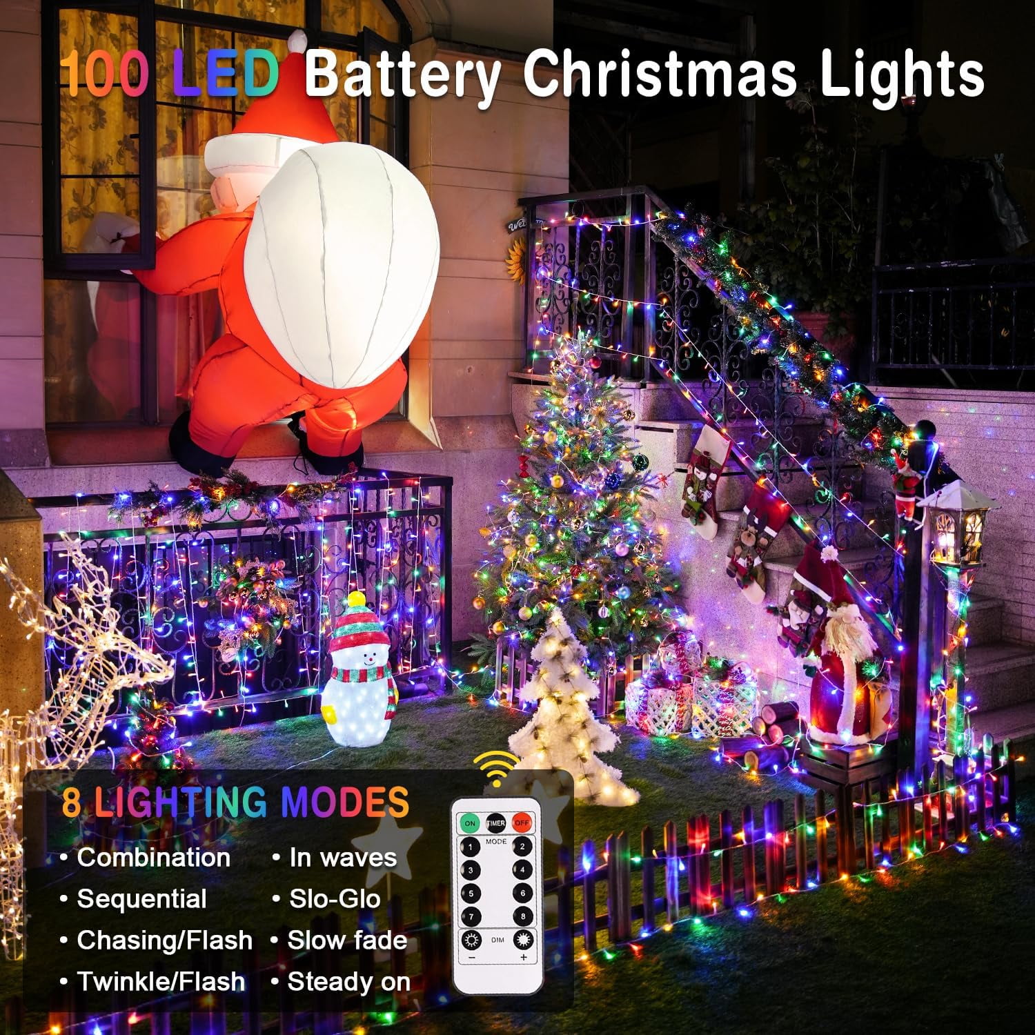 Multicolor Christmas Lights Battery Operated with 8 Modes Remote Waterproof, 33ft 100 LED Battery Christmas Lights Indoor Outdoor for Tree Home Party Room Garden Decor