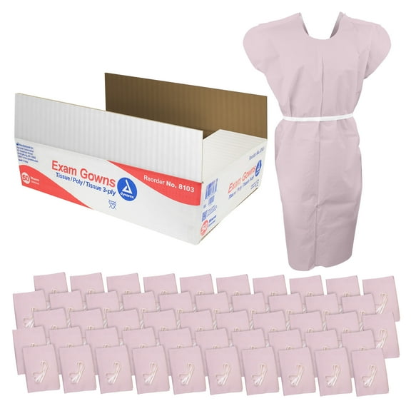 Dynarex Exam Gowns - Disposable Protective Clothing for Exams or Procedures - 3-Ply Poly Tissue, Universal Size, Front Or Back Opening and Two Plastic Ties - 50 Gowns Per Case - Color Mauve