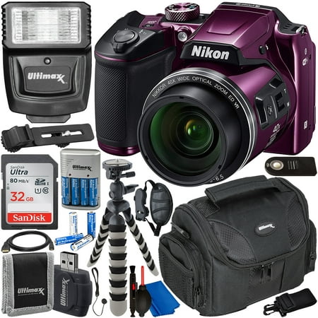 Nikon COOLPIX B500 Digital Camera (Plum) with Essential Accessory Bundle – Includes: SanDisk Ultra 32GB SDHC Memory Card, Rechargeable Batteries (8-AA) & Dock Charger, Digital Slave Flash & MUCH (Best Digital Camera With Rechargeable Battery)