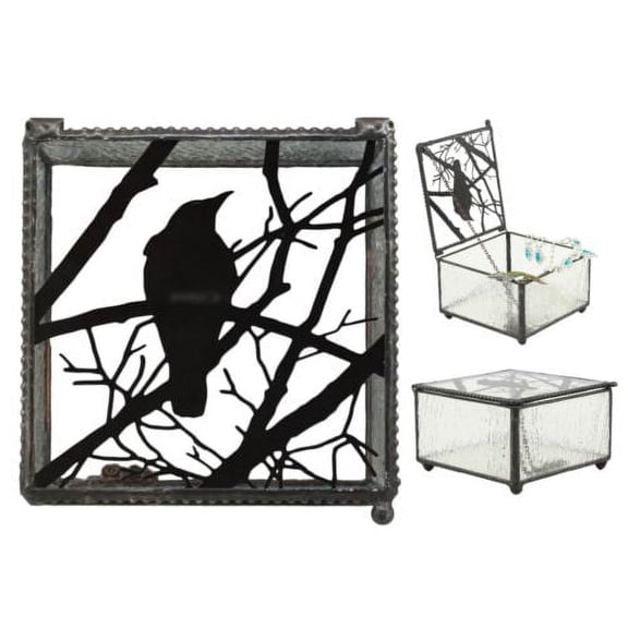Gothic Silhouette Raven Glass Jewelry Box 4"W Haunted Crow On Tree Branch Box
