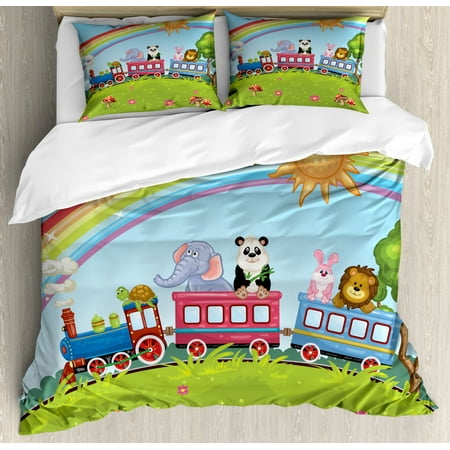 Zoo Duvet Cover Set Colorful Cartoon Animal Train Rainbow Sun Sky