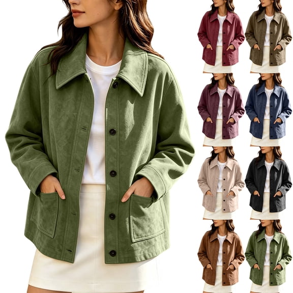 Ihhxva Jacket for Women Cropped Faux Suede Casual Utility Coat Relaxed Fit Long Sleeve Lapel with Pockets Inner Lining Versatile Everyday Wear S-3XL