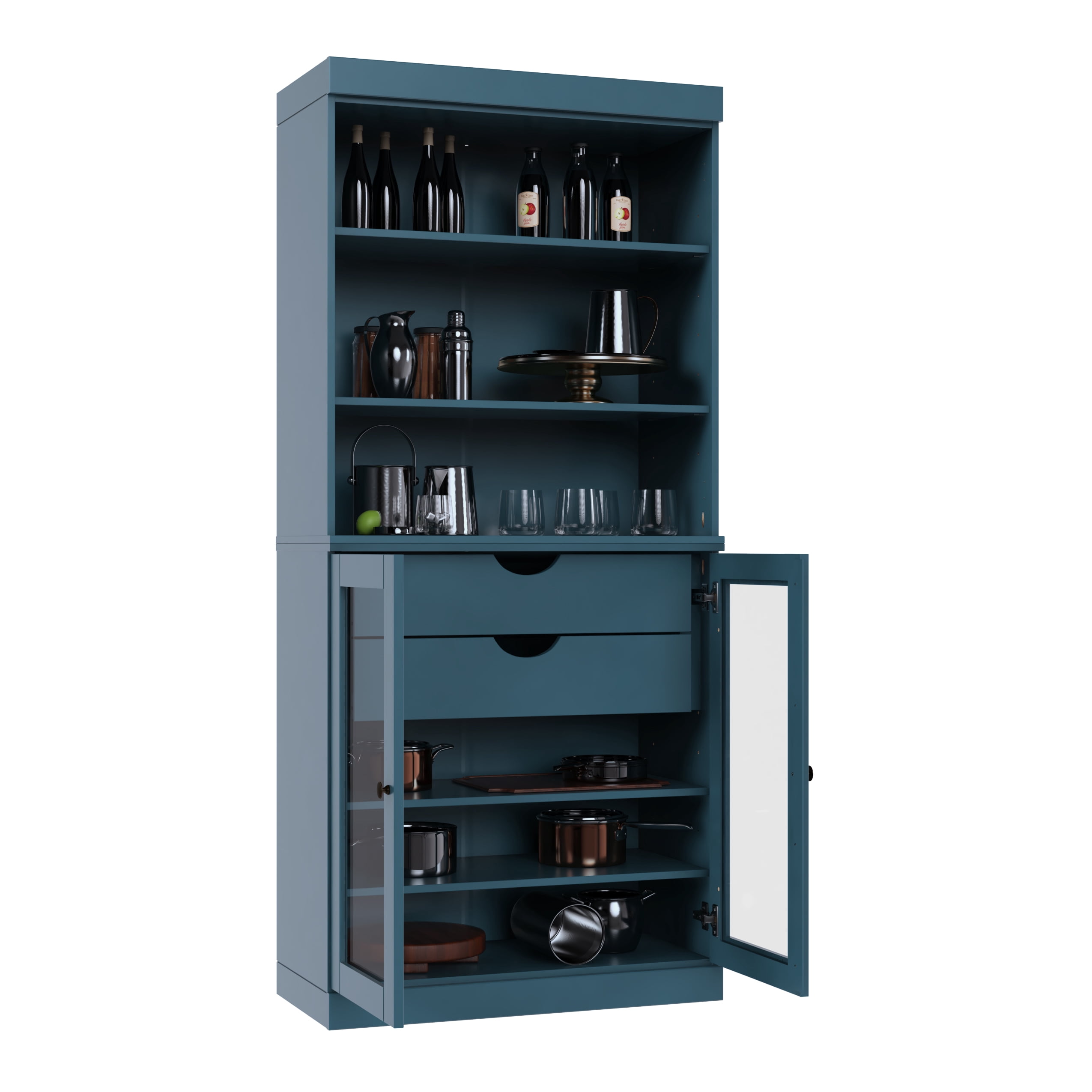 Palace Imports 100% Solid Wood 32" Kitchen Pantry Storage Cabinet with Glass Doors, Adjustable Shelves and 2-Drawers, Teal Blue