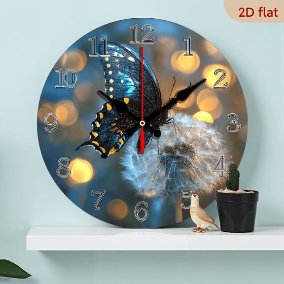 2D Flat 1pc 10Inch Wooden Silent Wall Clock Non-Ticking Wooden, Decorative Circular Clock Glowing butterfly on a luminous plant Design for Living Room, Bedroom, Kitchen, Entryway, Office