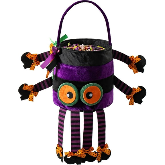 Halloween Trick or Treat Bag, Purple Spider Plush Candy Tote Bucket Multipurpose Portable Collapsible Reusable Goody Bucket - Best Halloween Party Choice