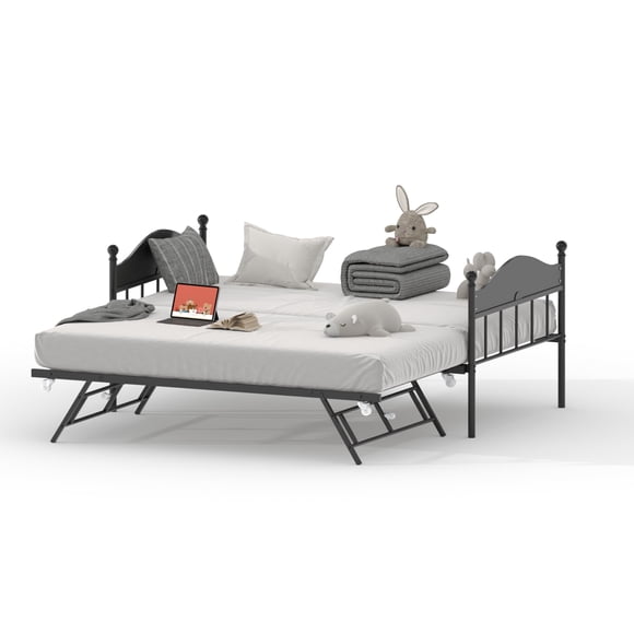 Twin Daybed with Pop-Up Trundle, Metal Sofa Bed Frame with Wood Headboard, Heavy-Duty Steel Slats, Space-Saving & No Box Spring Required, Brown, Black, White