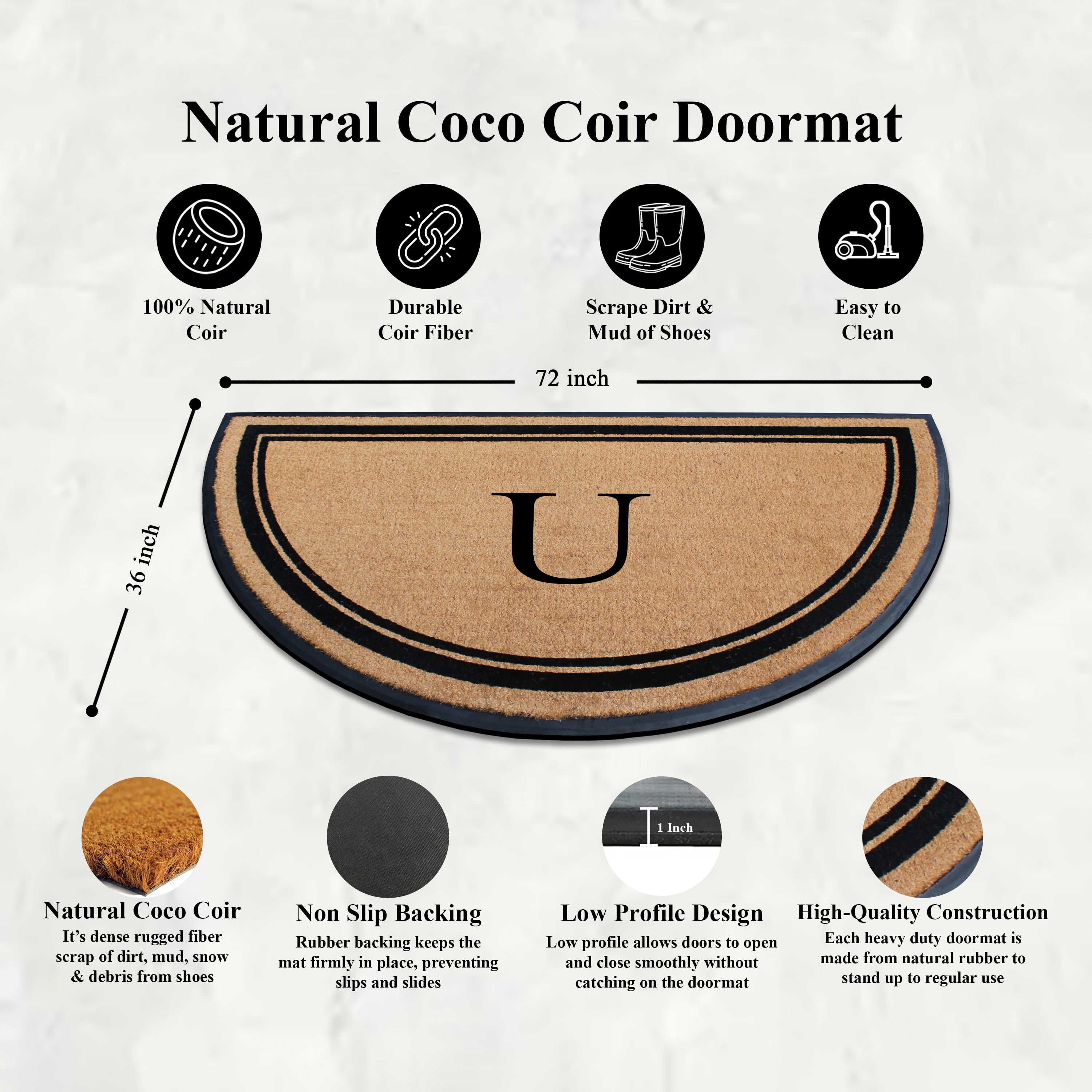 A1HC 36"x72" Natural Coir & Rubber Semicircular Monogrammed Door Mat, Thick, Durable, Heavy-Duty Welcome Mat for Front Door, Black Border