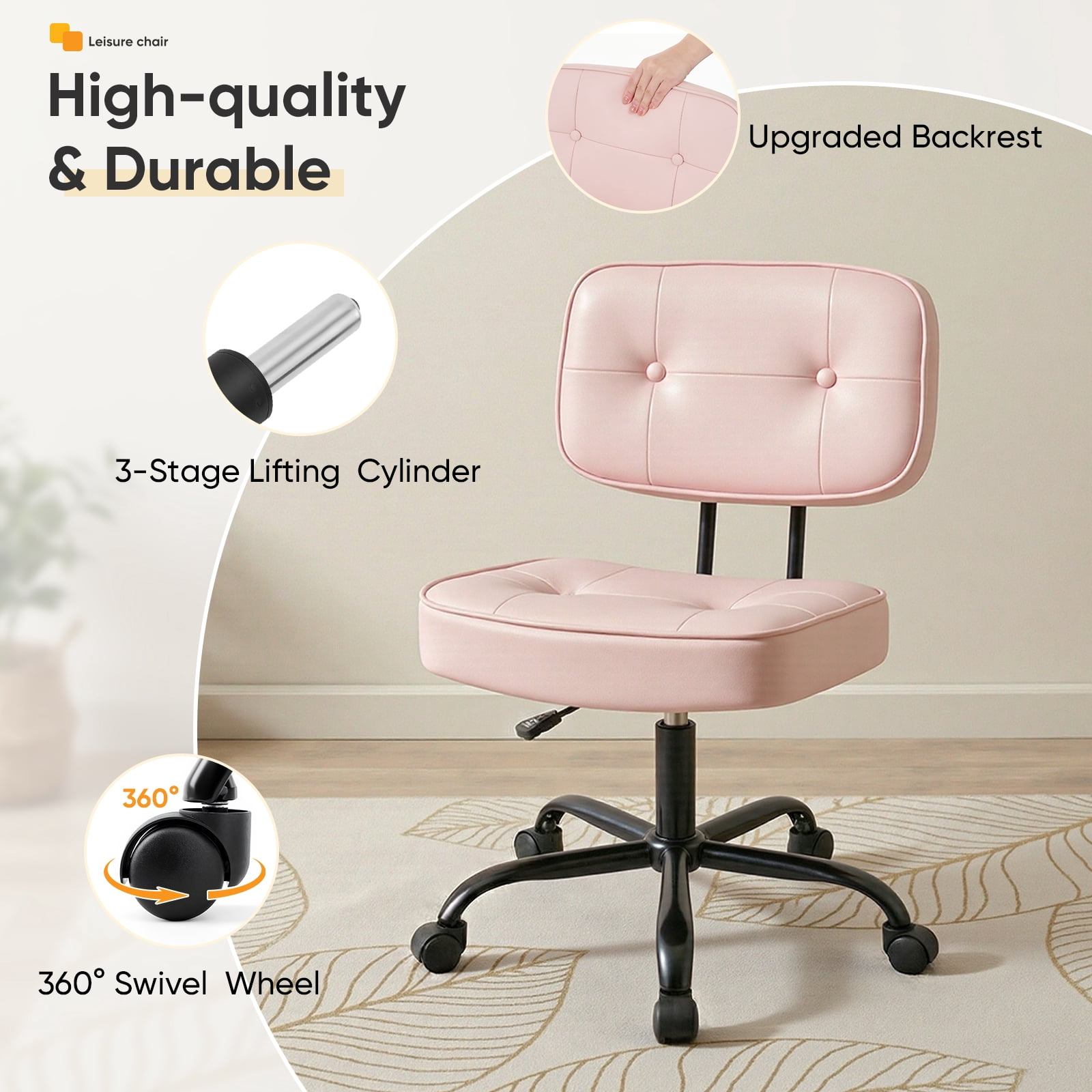 Gianna Ergonomic PU Leather Desk Chair, Armless Rolling Chair with Thickened Cushion for Small Spaces