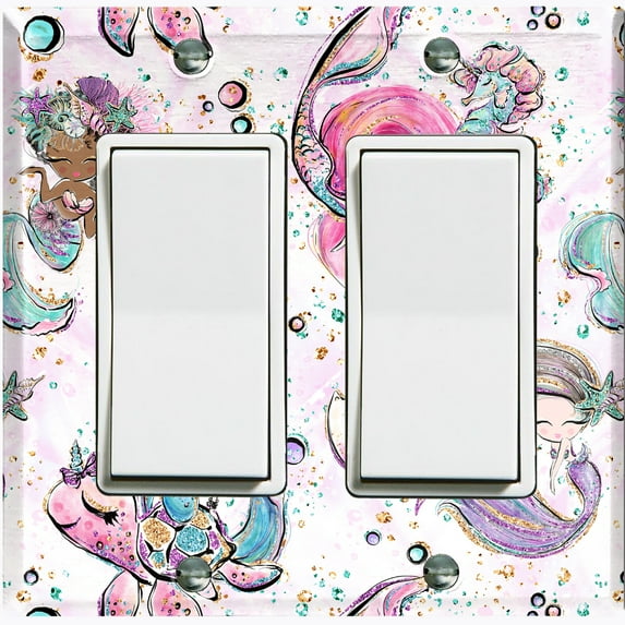 Metal Light Switch Wall Plate Outlet Cover (4 Mermaids Unicorn Cat Bubble Glitter Print Pastel - Double Rocker)