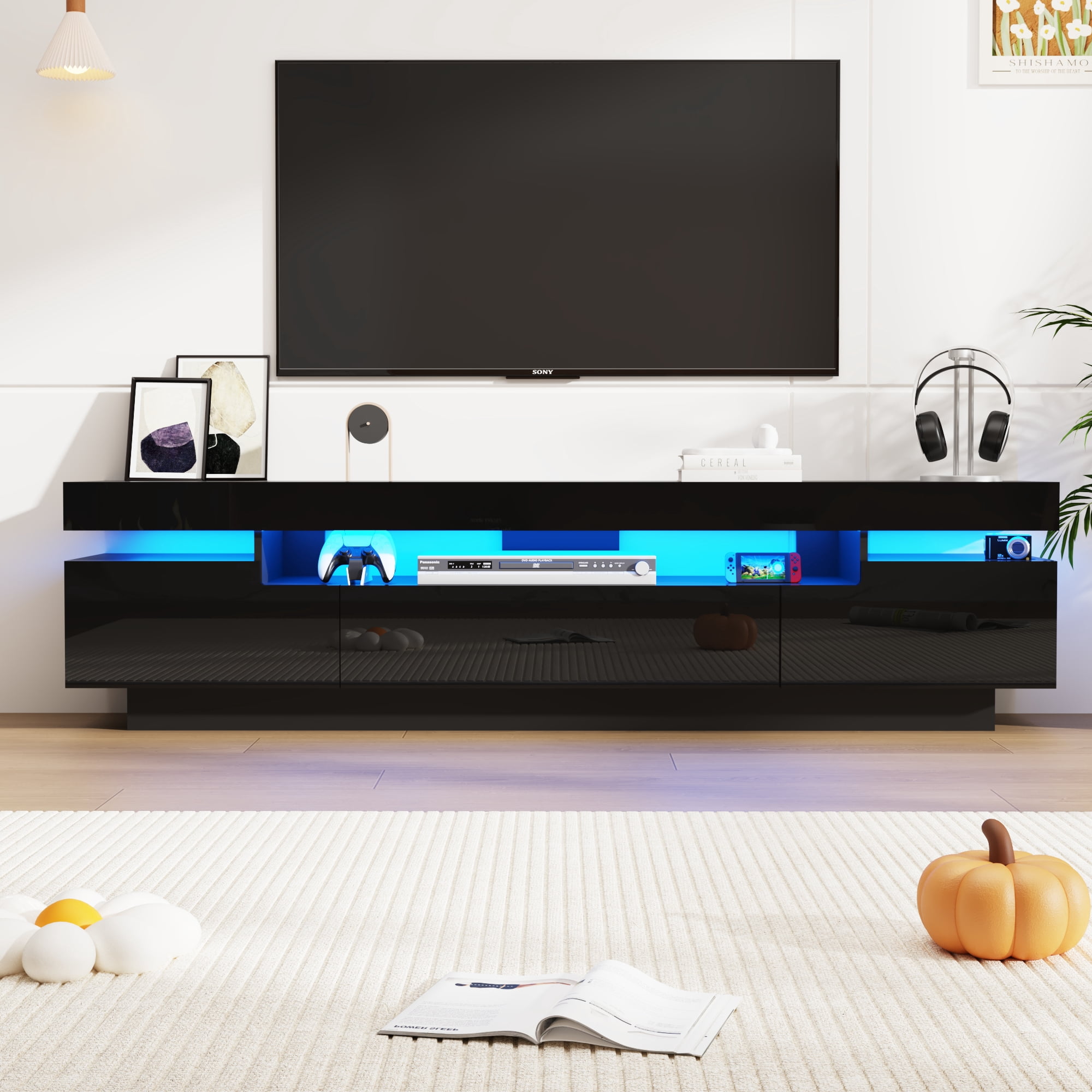 ChVans 70.9" Large LED TV Stand for 70/75/85" TV, Black High Gloss Entertainment Center w/LED Lights & Storage Drawers Furniture, Living Room TV Cabinet Console Table, Black-70.9"