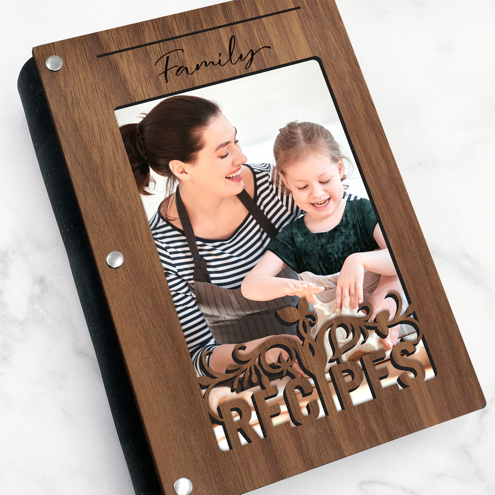 Handmade Recipe Book with Wood Cover, Photo Sleeve on Cover, Blank Recipe Cards, Banner Design, Family Recipe Book. Walnut