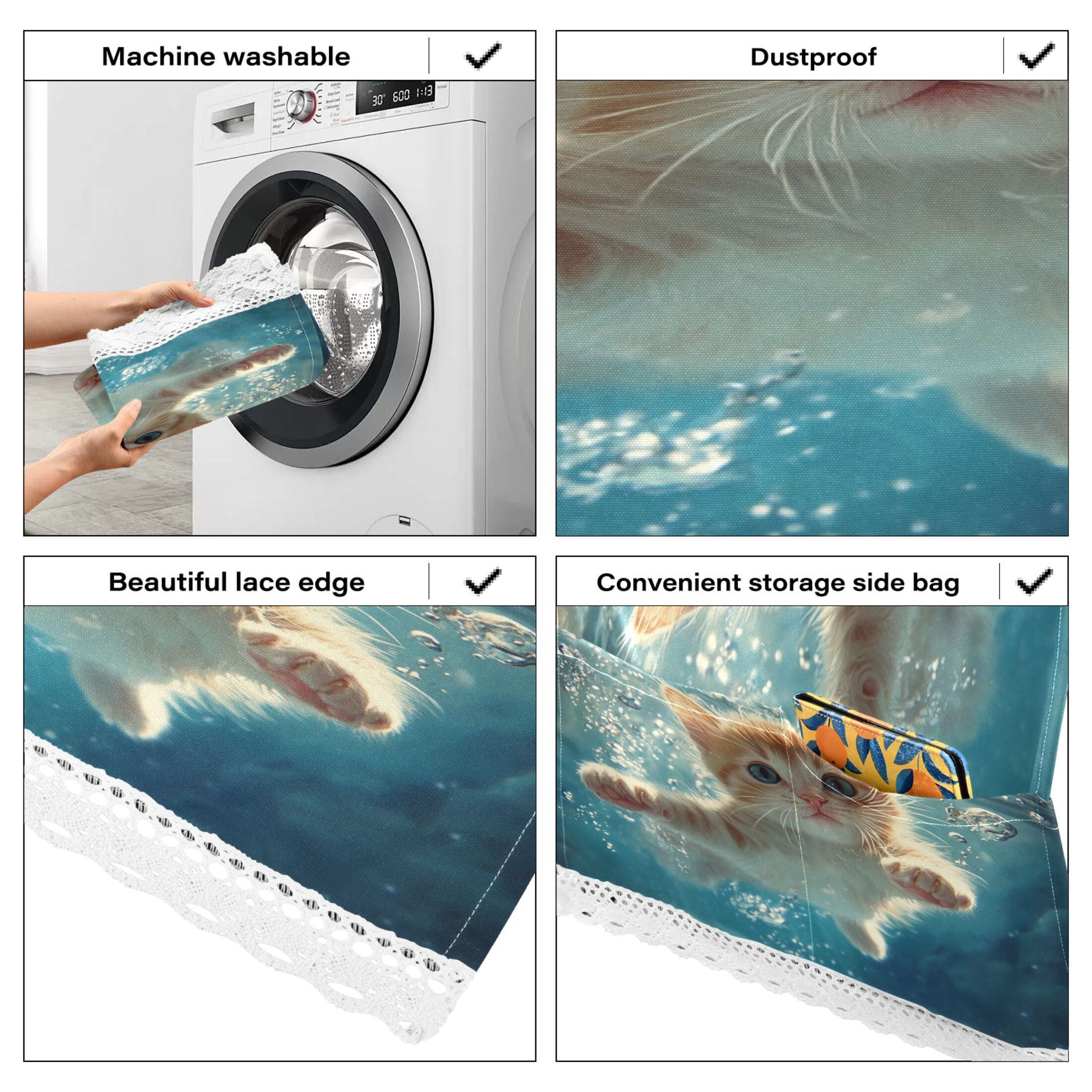 Cute Kitten Swim UnderwaterWasher and Dryer Covers Dust-Proof and Oil Resistant Fridge Cover with 4 Storage Pockets Washing Machine Top Cover for Laundry Kitchen Home 51.2 x 22 In