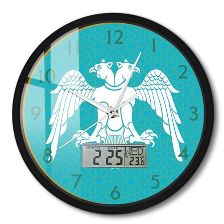 Double Headed Eagle Vintage Wall Clock with Perpetual Calendar Temperature,Medieval Style Silent Quartz Analog 12'' Metal Frame Clock Day Week LCD Display Gift for History Lover Home Decor
