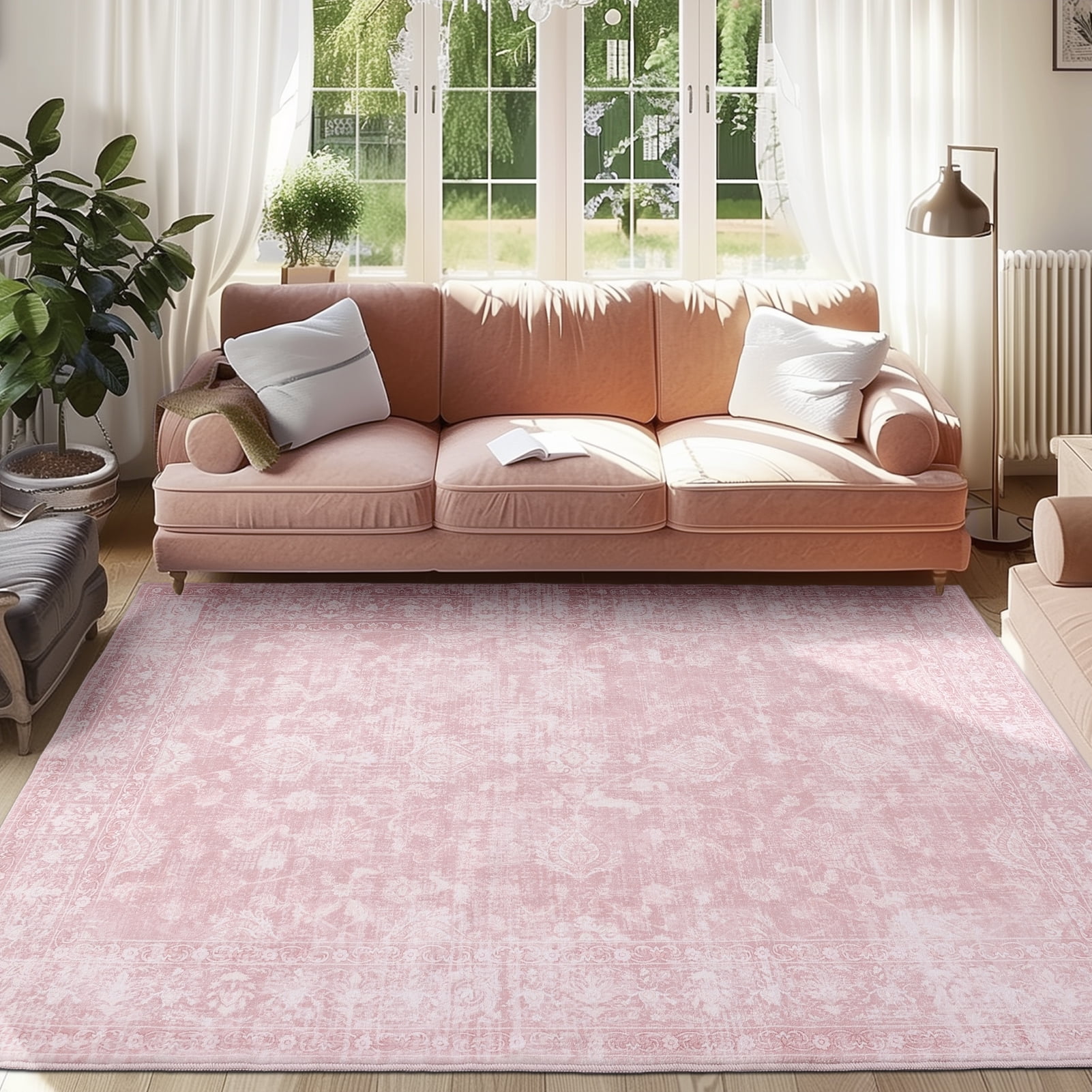 SPRINDAY Boho 5'x7' Area Rug, Large Vintage Distressed Pink Rugs for living room Kitchen, Non-Slip Washable Carpet for Home Office Decor