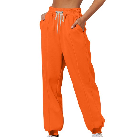Hueook Winter Wide Leg Pants for Women Ladies' Solid Color Casual Leg Binding Loose Casual Sports Sweatpants Long Pants Orange M