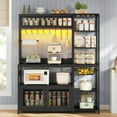 thumbnail image 2 of Bakers Rack with Power Outlet and LED Light, Coffee Bar with Coffee Pod Holder, Kitchen Microwave Stand with Storage Shelves, Cabinet, Wire Basket, 8 Hooks, Classic Black, 2 of 7