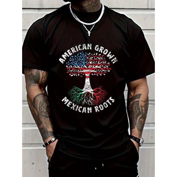 Cotton American Grown Mexican Roots Mexico Country Lover Proud Us T-Shirt Men's Casual Short Sleeve Graphic Tee