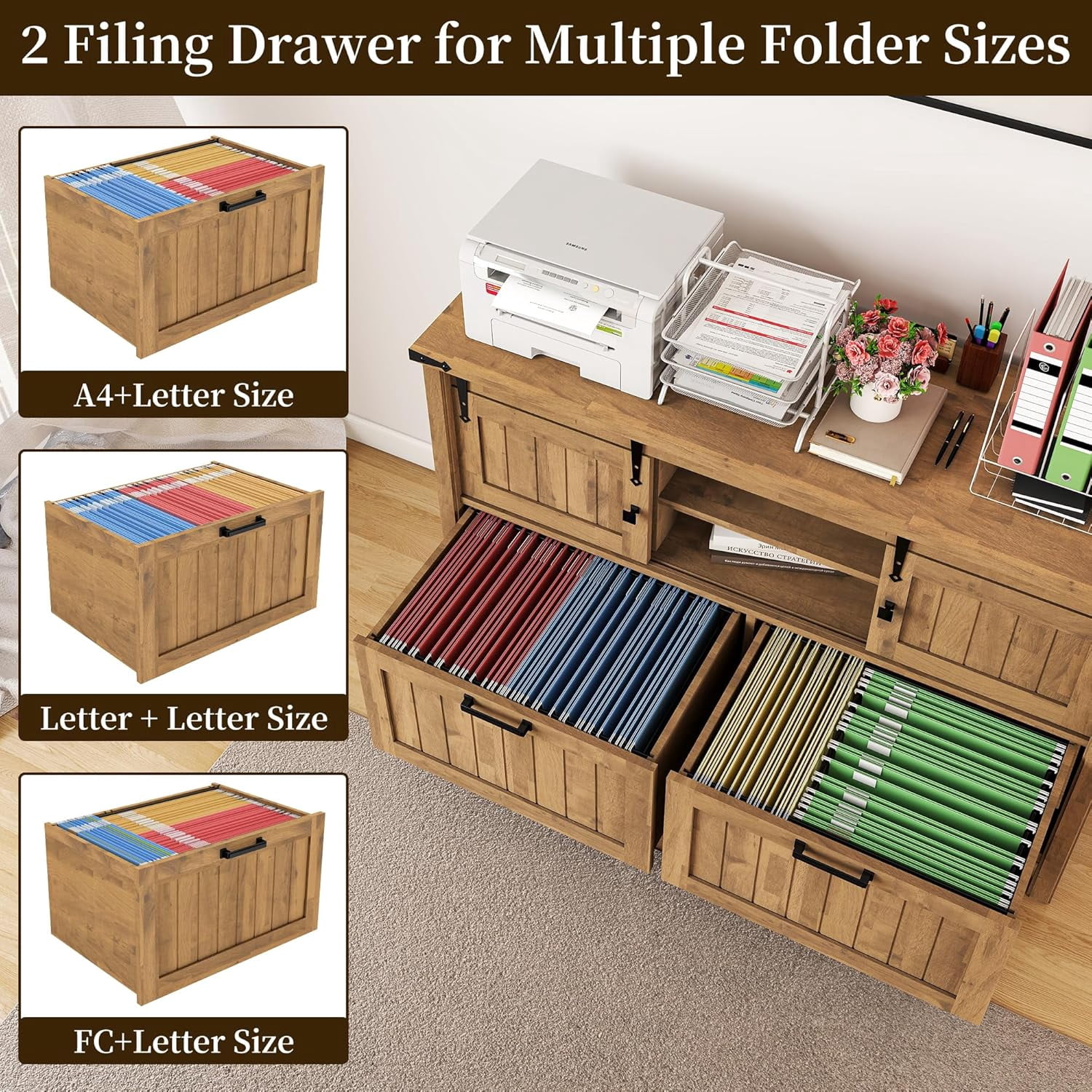 FIAKOA Farmhouse 2-Drawer Lateral File Cabinet, Filing Cabinet with Sliding Doors & Charge Station, Printer Stand Cabinets for Home Office, Brown