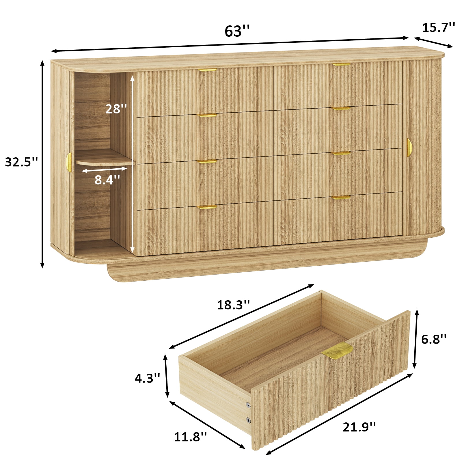 63'' Wide FOUHIU Fluted 8-Drawer Dresser – Modern Wooden Storage for Bedroom, Living Room, Hallway