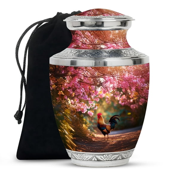 Yatskia Pink Blossoms Rooster Urns for Human Ashes Adult Man, Cremation Burial Urn for Ashes for Women, Memorial Urns for Adult Ash, (Tasty Large, 10 Inch)