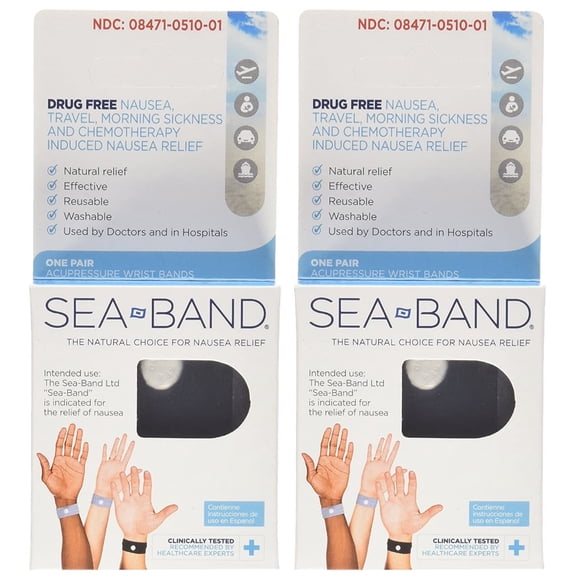 Sea-Band Acupressure Wrist Bands for Nausea Relief, Drug Free Motion and Morning Sickness Relief, Reusable Washable, 1 Pair (Pack of 2)