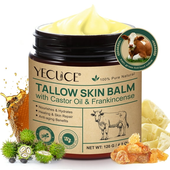 Tallow + Castor + Frankincense Skin Balm, 100% Pure Natural Deeply Nourishes & Hydrates, for Face, Body, for All Skin Types, 4oz