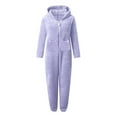thumbnail image 6 of Womens Jumpsuit Pajamas Casual Winter Warm Rompe Sleepwear Loose Long Sleeve One Piece Outfits Hooded Pajamas Purple L, 6 of 7