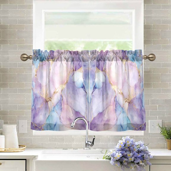 Yayeee Kitchen Curtains Light Filtering 27"x24" Rod Pocket Short Cafe Window Panel, Purple Marble Pattern