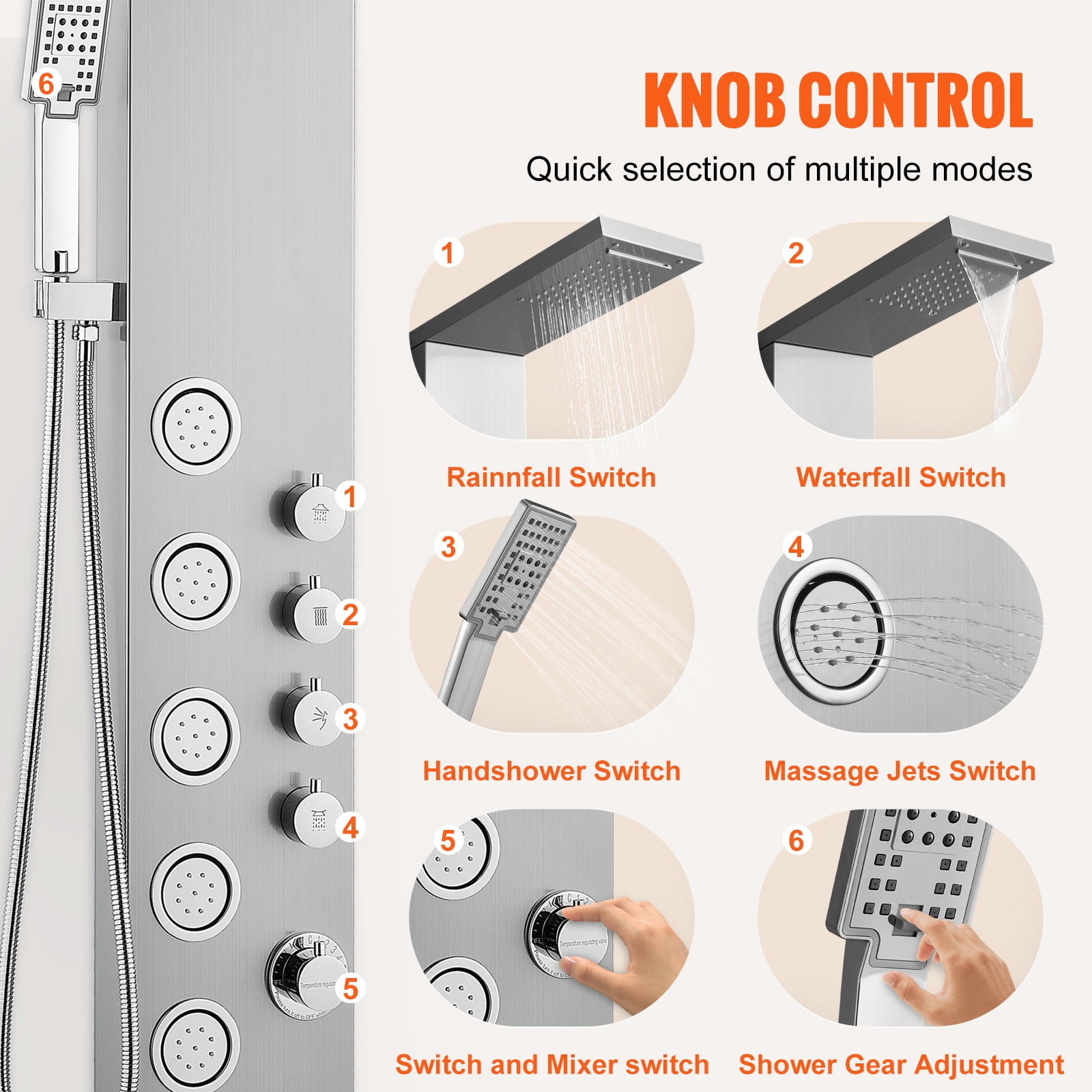 SKYSHALO Shower Panel Tower System Stainless Steel 4 Modes Rainfall Waterfall Jets
