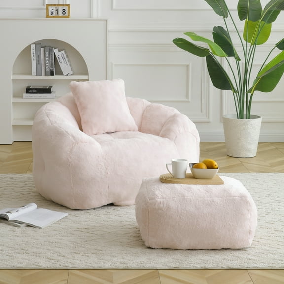 Giant Bean Bag Chair withFootstool, Oversized Bean Bag for Adults and Kids, Faux Fur Shell-Shaped Large Chair with Filler, Stuffed Big Accent Sofa, Floor Sofa for Gaming,Reading Living Room Bedroom